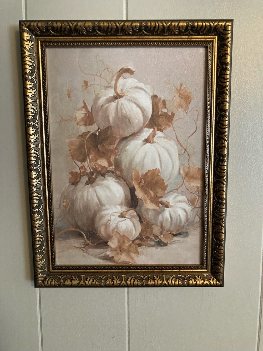 Hobby Lobby White Pumpkins with Brown Foliage in Ornate Gold Frame